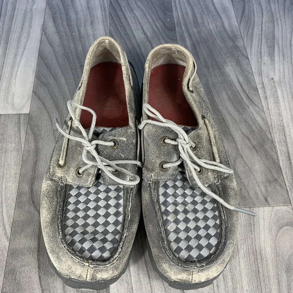 Twisted X Men's Grey Distressed Leather Checkered Moc Toe Boat Shoes US 5.5 M